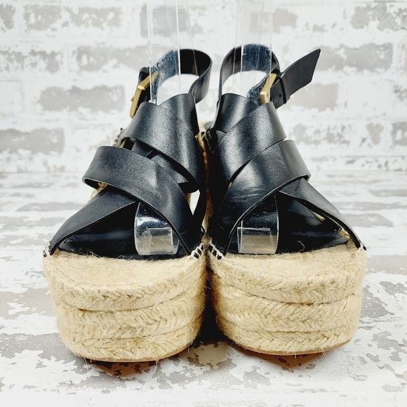 Marc Fisher Alenni Black Leather Espadrilles Wedges Sandals M1010 - Picture 3 of 13
